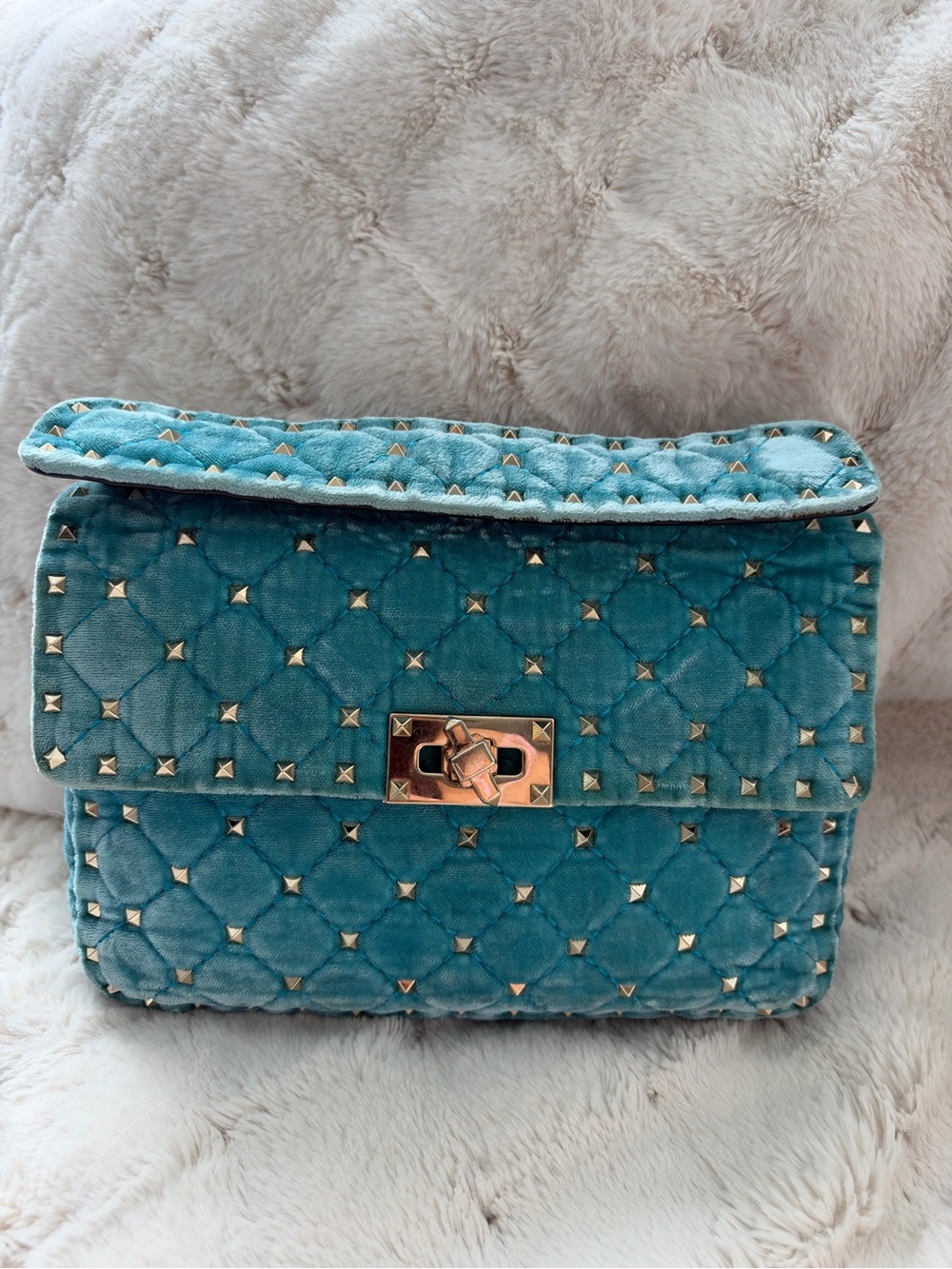 Valentino Garavani Teal Quilted Velvet Studded Shoulder Bag